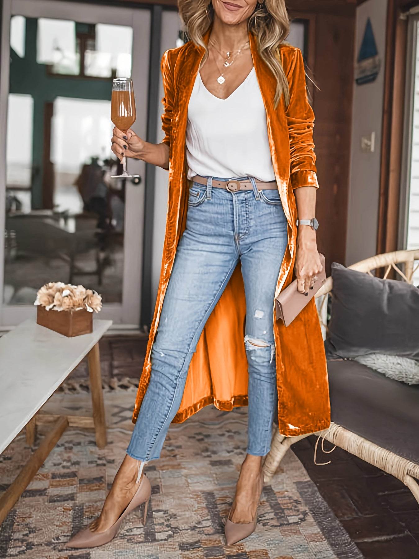 Open Front Long Sleeve Coat - Delanoir