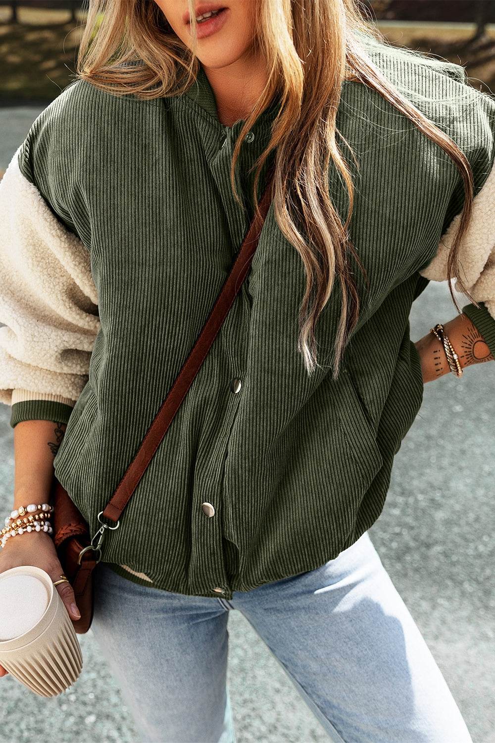 Contrast Baseball Collar Snap Down Long Sleeve Jacket - Delanoir