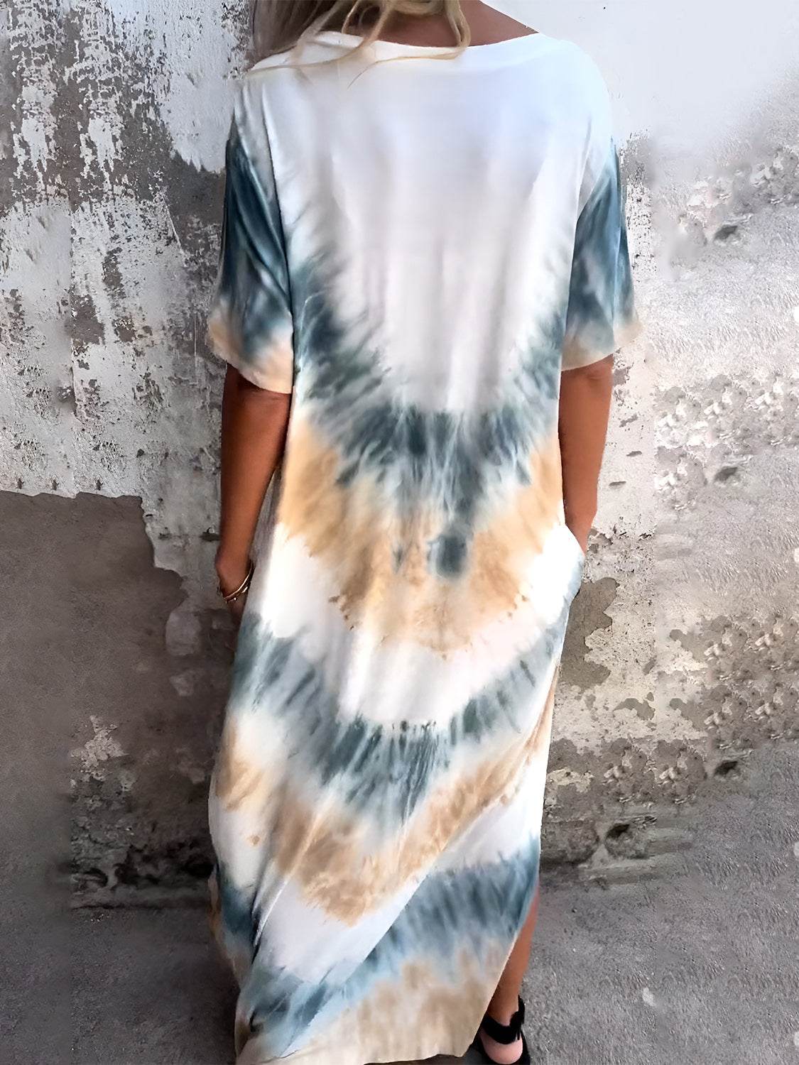 Full Size Pocketed Tie-Dye Short Sleeve Dress - Delanoir