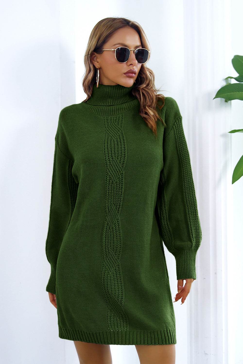 Openwork Turtleneck Long Sleeve Sweater Dress - Delanoir