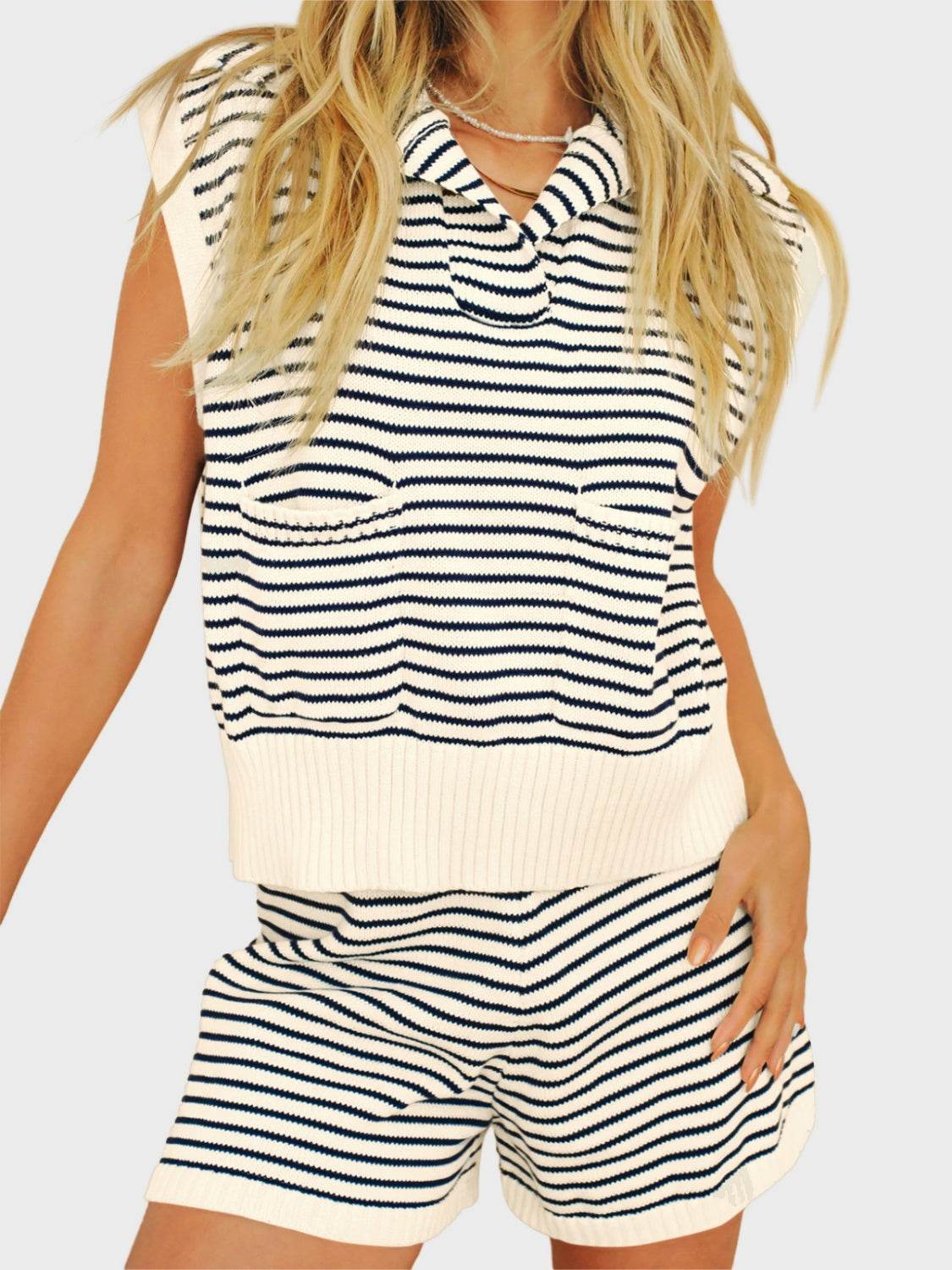 Striped Cap Sleeve Top and Shorts Sweater Set - Delanoir
