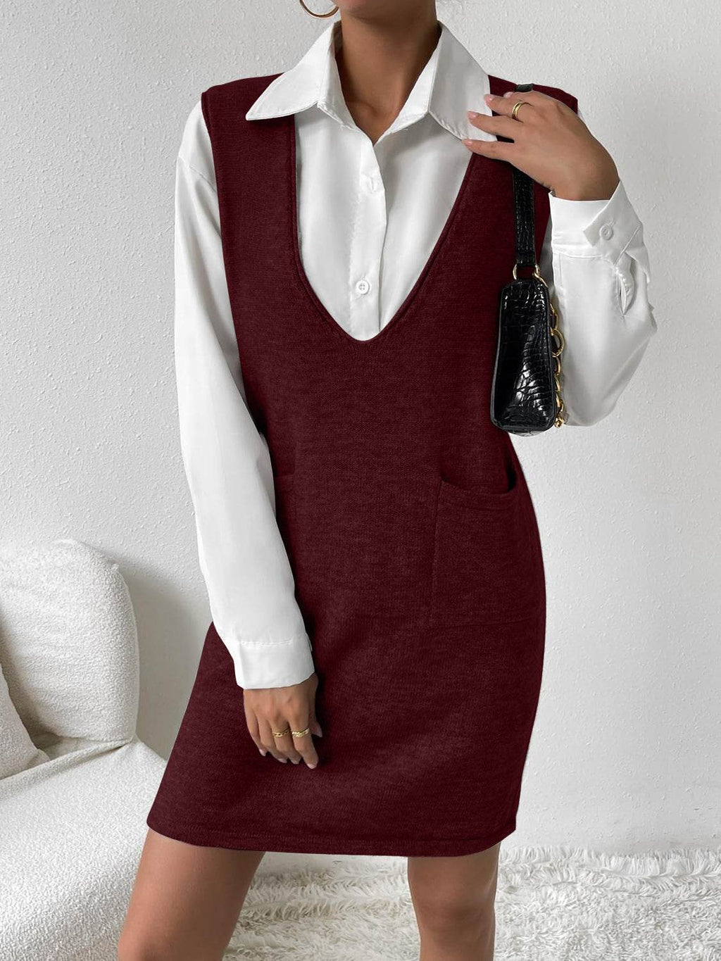 V-Neck Sleeveless Sweater Dress with Pockets - Delanoir