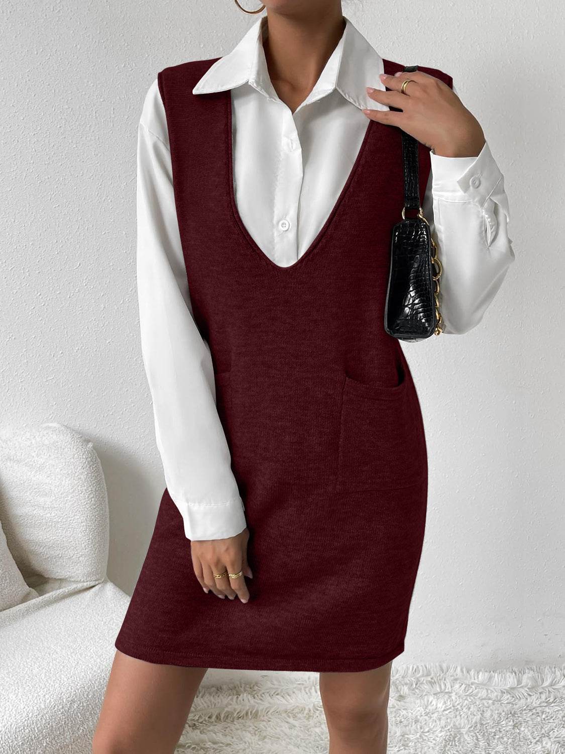 V-Neck Sleeveless Sweater Dress with Pockets - Delanoir