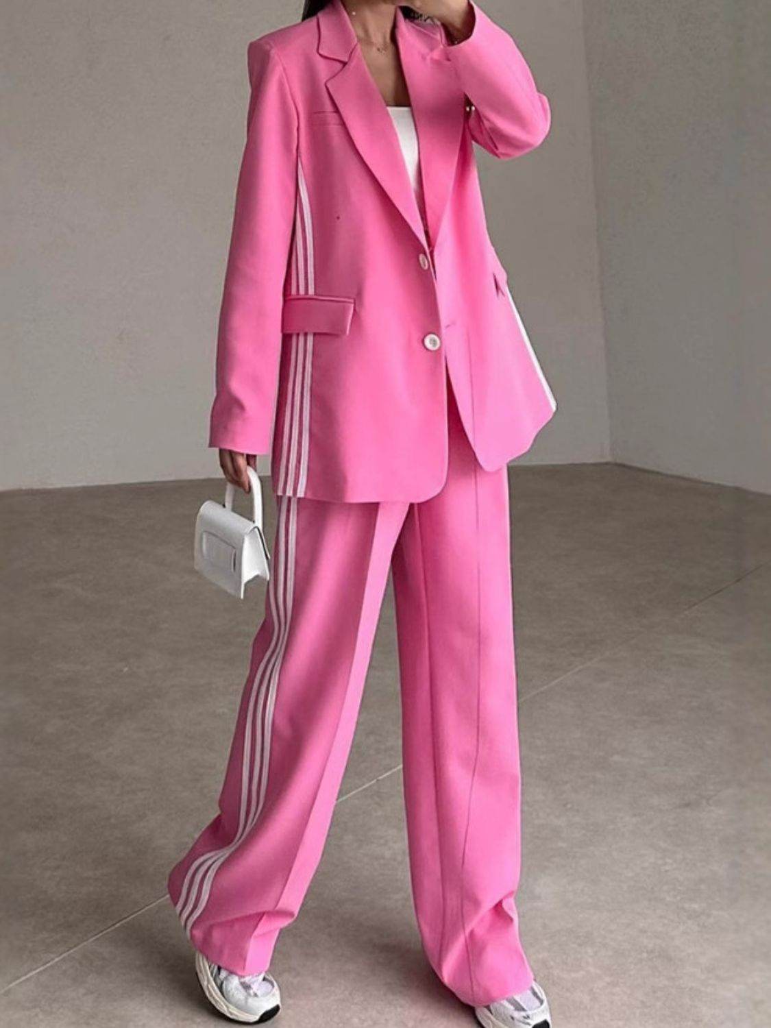 Side Striped Long Sleeve Blazer and Pants Set - Delanoir