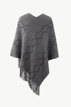 Pearl Trim V-Neck Fringe Hem Poncho - Delanoir