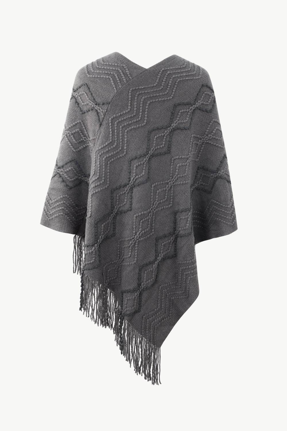 Pearl Trim V-Neck Fringe Hem Poncho - Delanoir