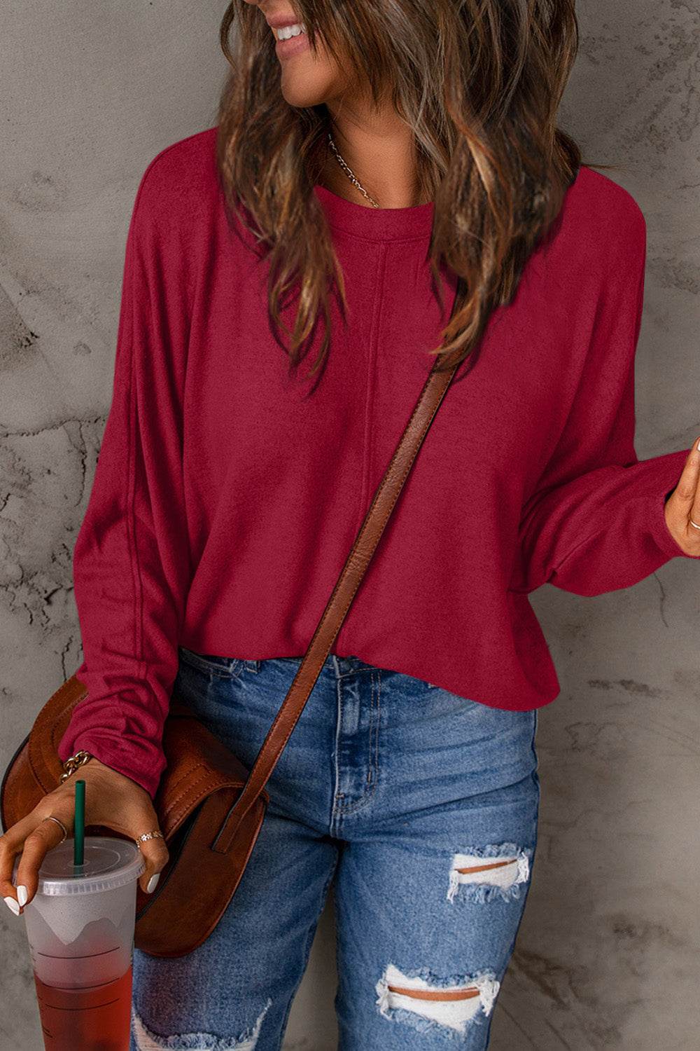 Double Take Full Size Round Neck Long Sleeve T-Shirt - Delanoir