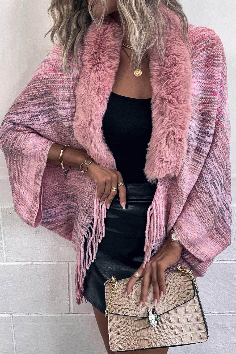 Open Front Fringe Hem Poncho - Delanoir