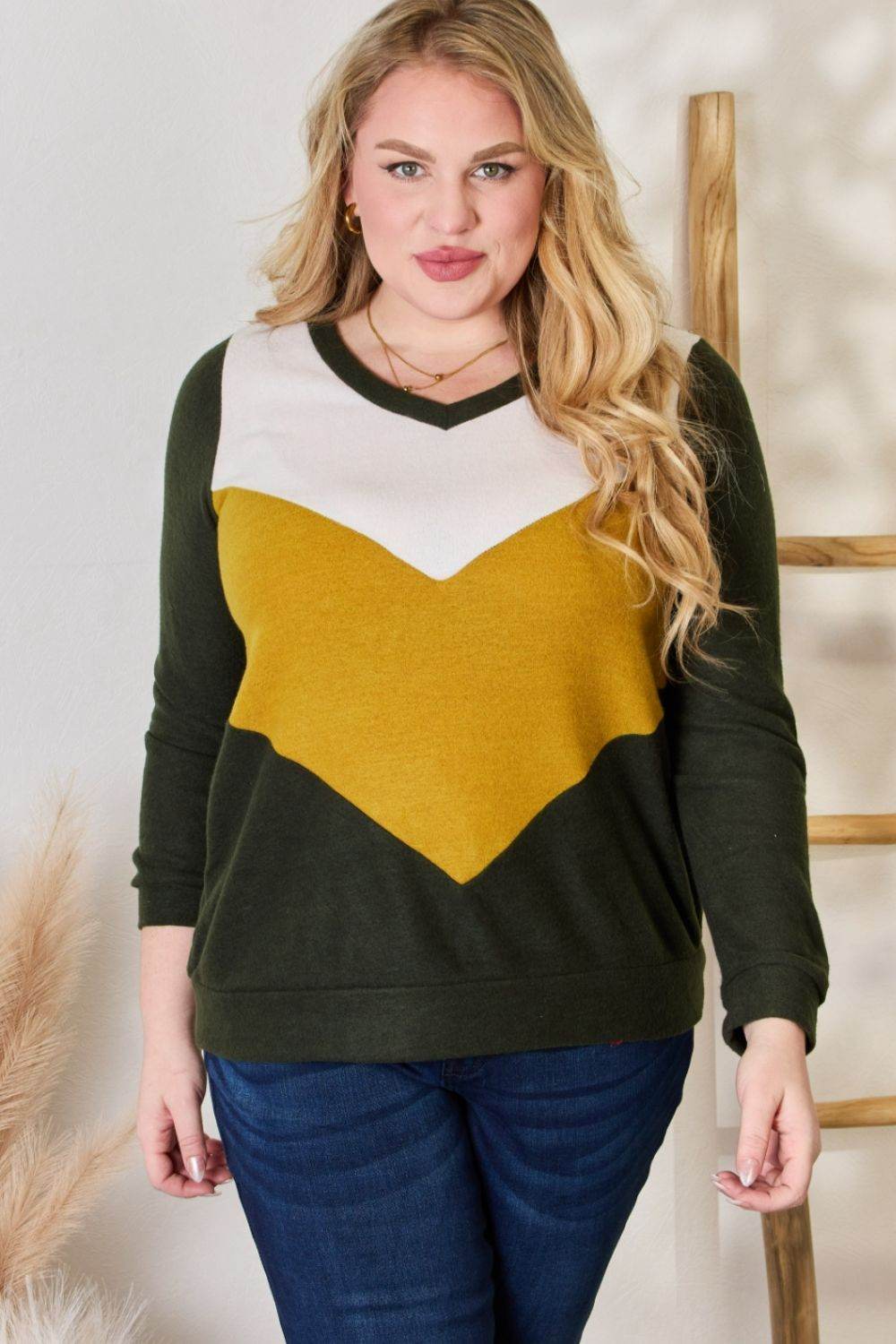 Hailey & Co Full Size Colorblock V-Neck Blouse - Delanoir