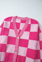 Checkered V-Neck Long Sleeve Cardigan - Delanoir