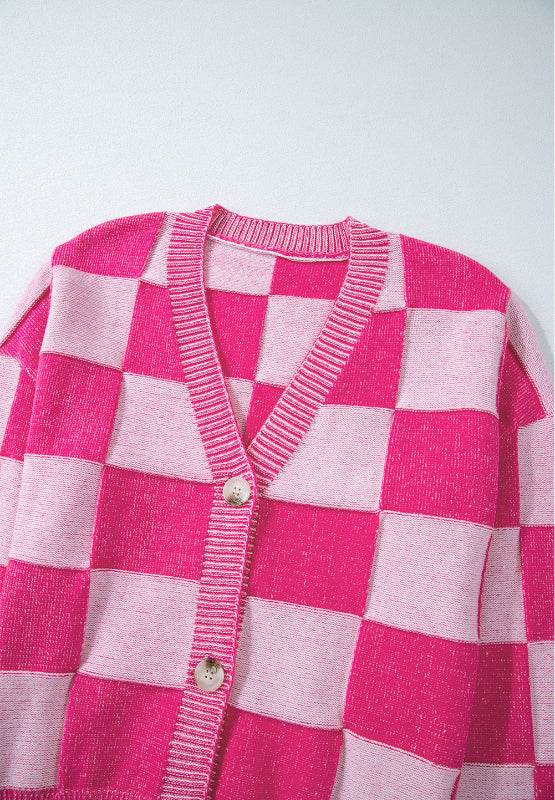 Checkered V-Neck Long Sleeve Cardigan - Delanoir