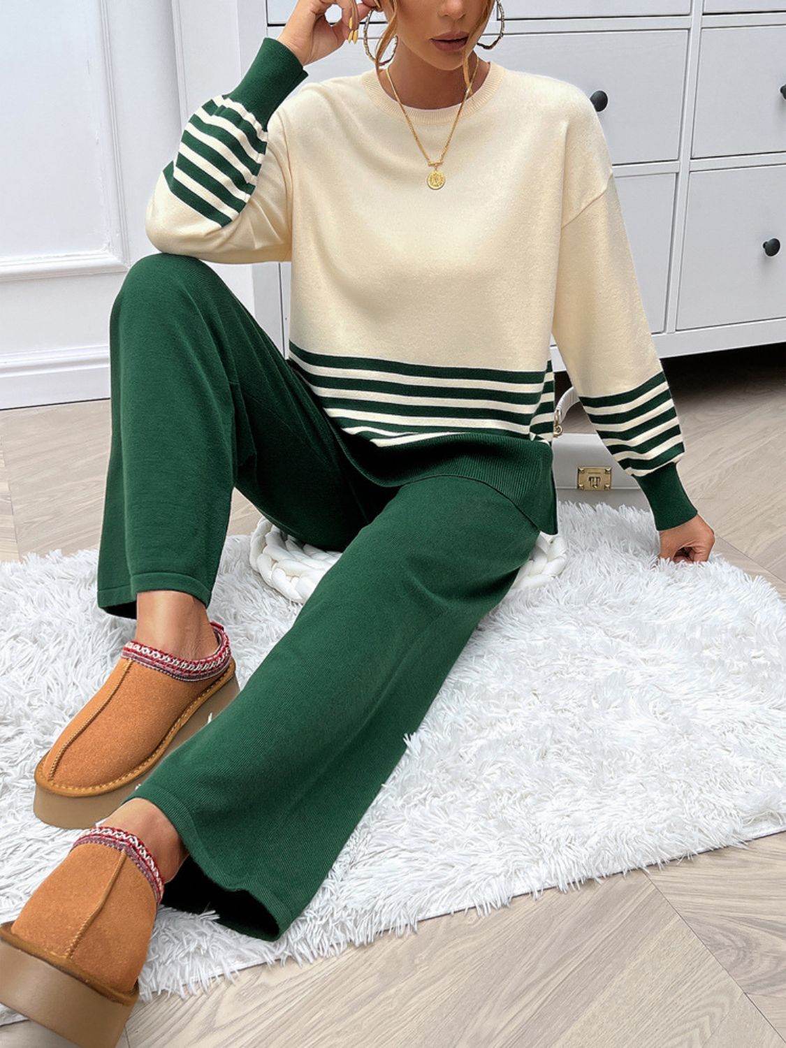 Devine Slit Striped Round Neck Top and Pants Sweater Set - Delanoir