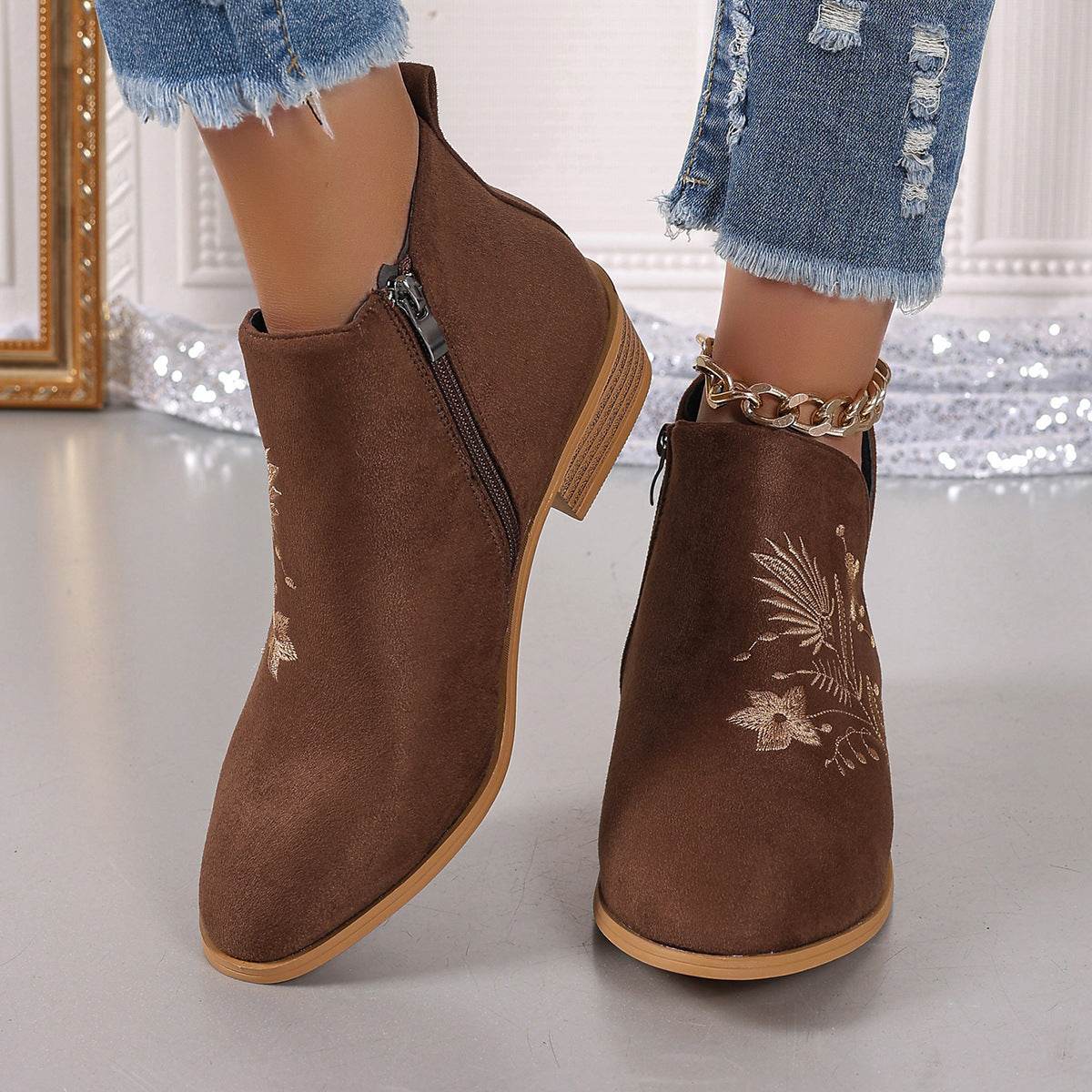 Embroidered Suede Point Toe Block Heel Boots - Delanoir