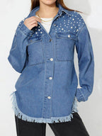 Raw Hem Pearl Trim Collared Neck Denim Top - Delanoir