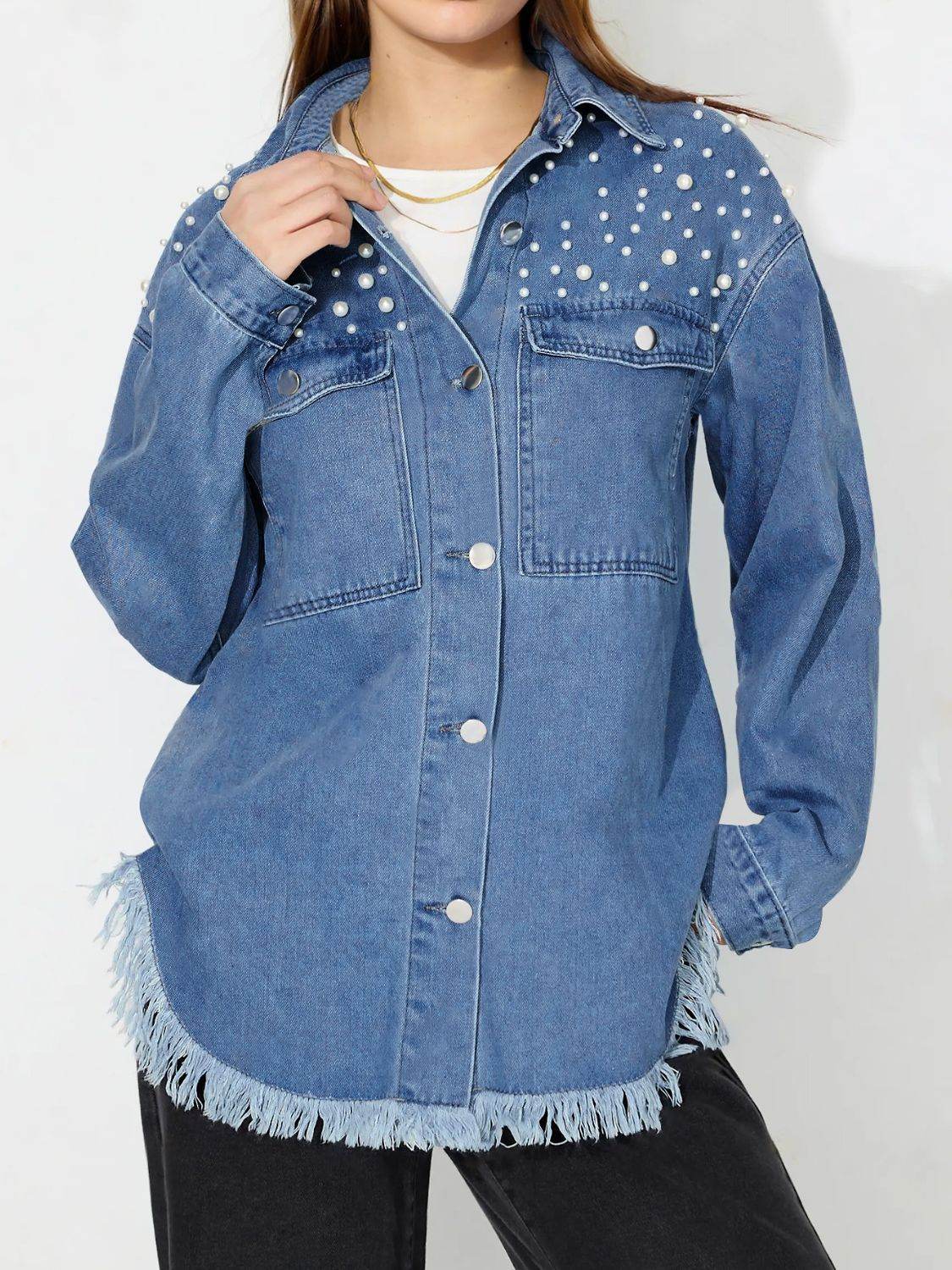 Raw Hem Pearl Trim Collared Neck Denim Top - Delanoir