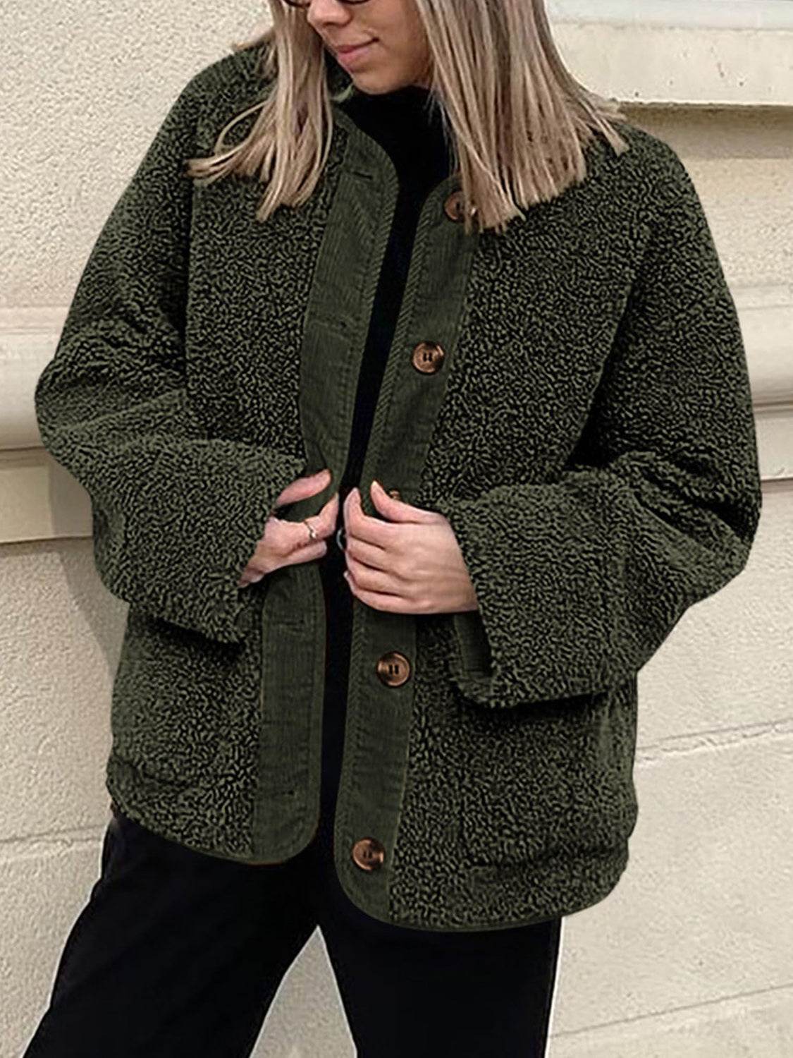 Contrast Button Up Sherpa Jacket with Pockets - Delanoir