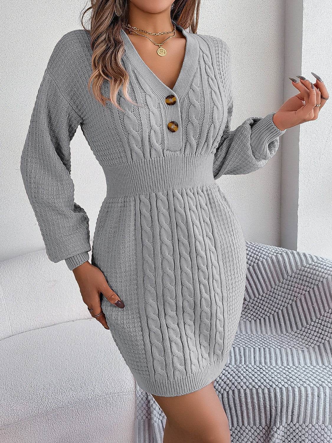 Buttoned Cable-Knit V-Neck Sweater Dress - Delanoir