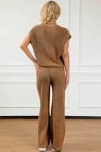Pocketed V-Neck Top and Wide Leg Sweater Set - Delanoir