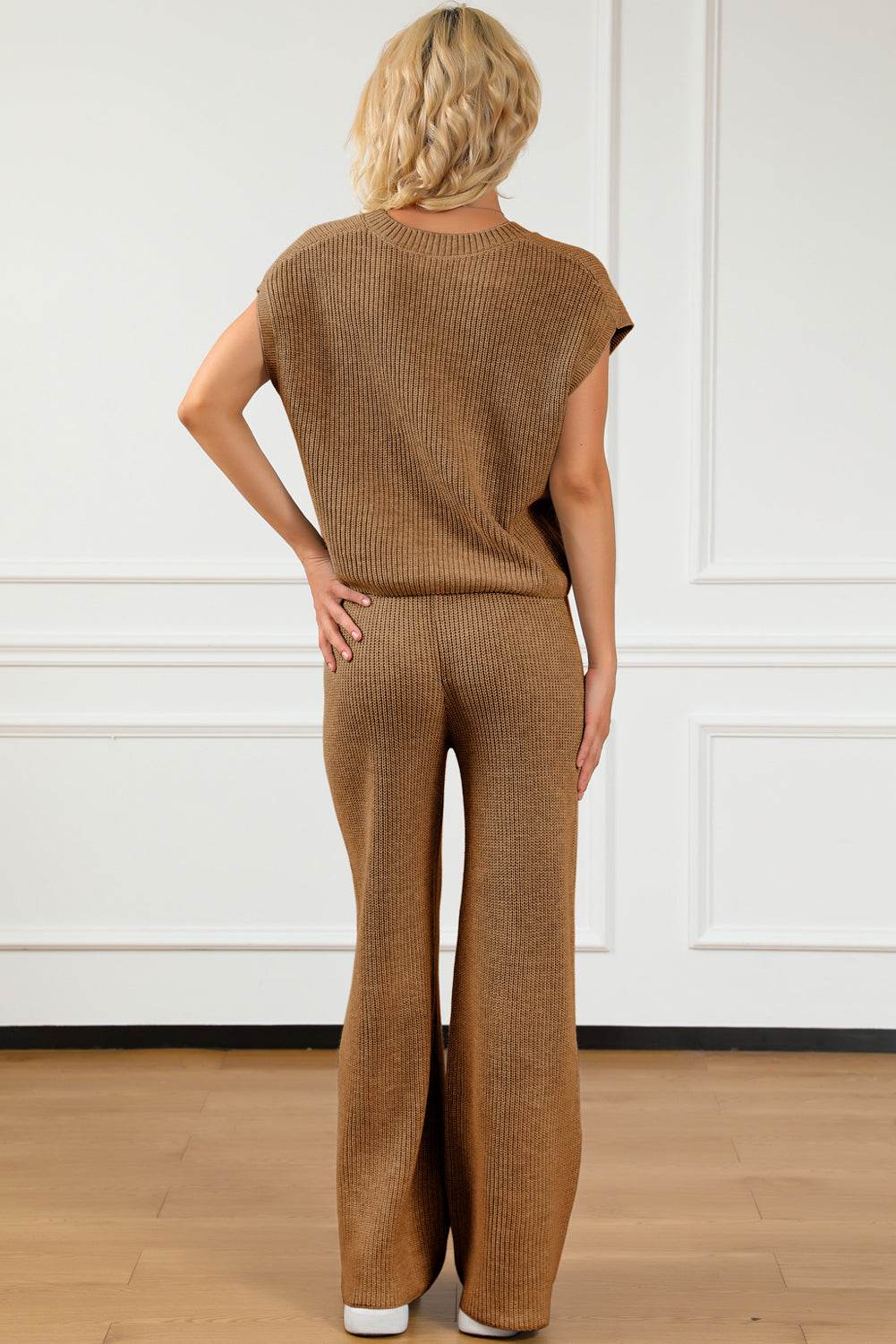 Pocketed V-Neck Top and Wide Leg Sweater Set - Delanoir
