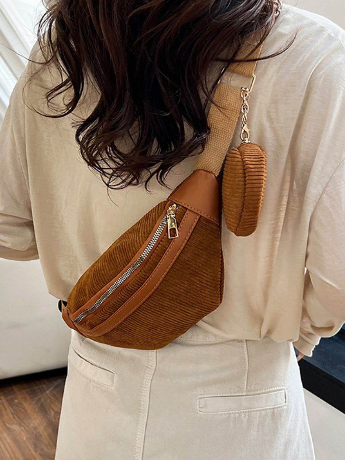 Corduroy Adjustable Strap Crossbody Bag with Pouch - Delanoir