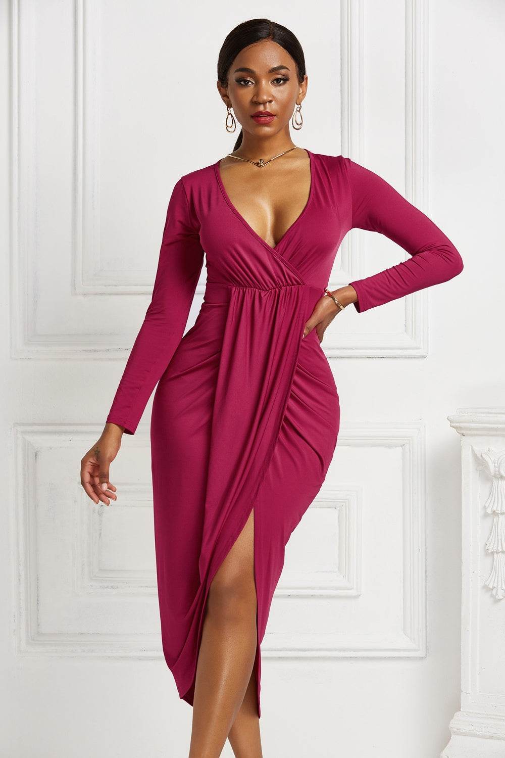 High-low Ruched Surplice Long Sleeve Dress - Delanoir