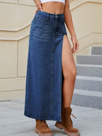 Slit Buttoned Denim Skirt with Pockets - Delanoir