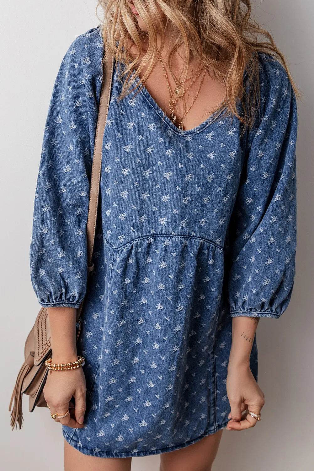 Tied V-Neck Mini Denim Dress - Delanoir