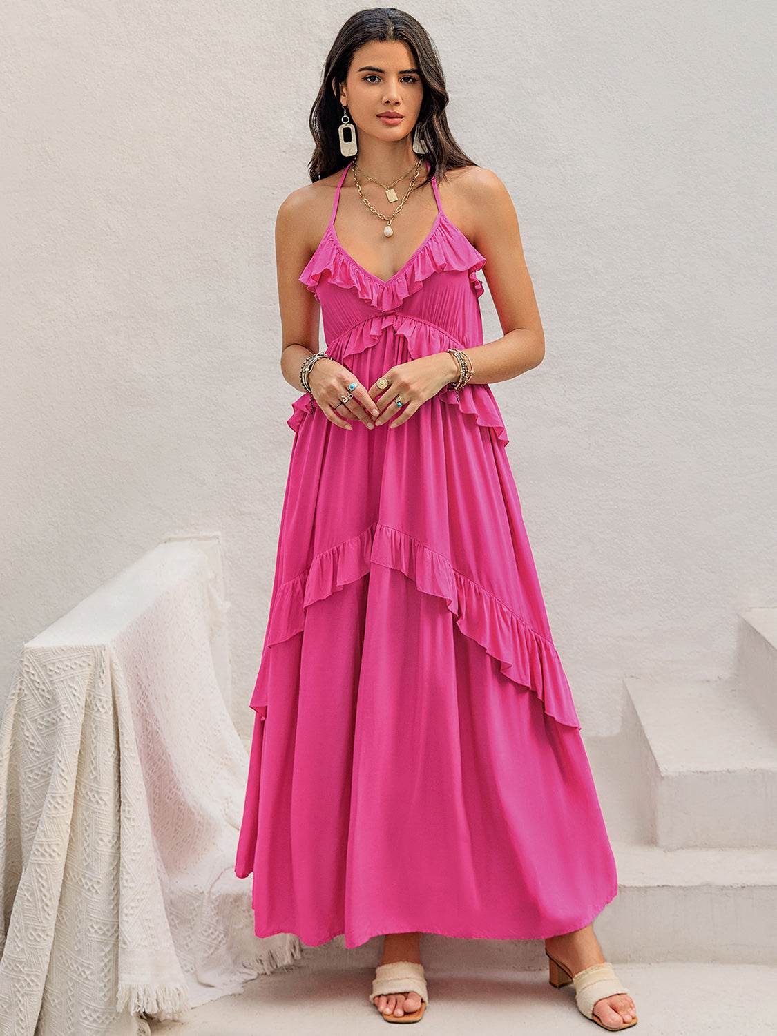 Ruffled Halter Neck Maxi Dress - Delanoir