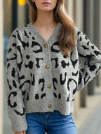 Leopard V-Neck Button Up Cardigan - Delanoir
