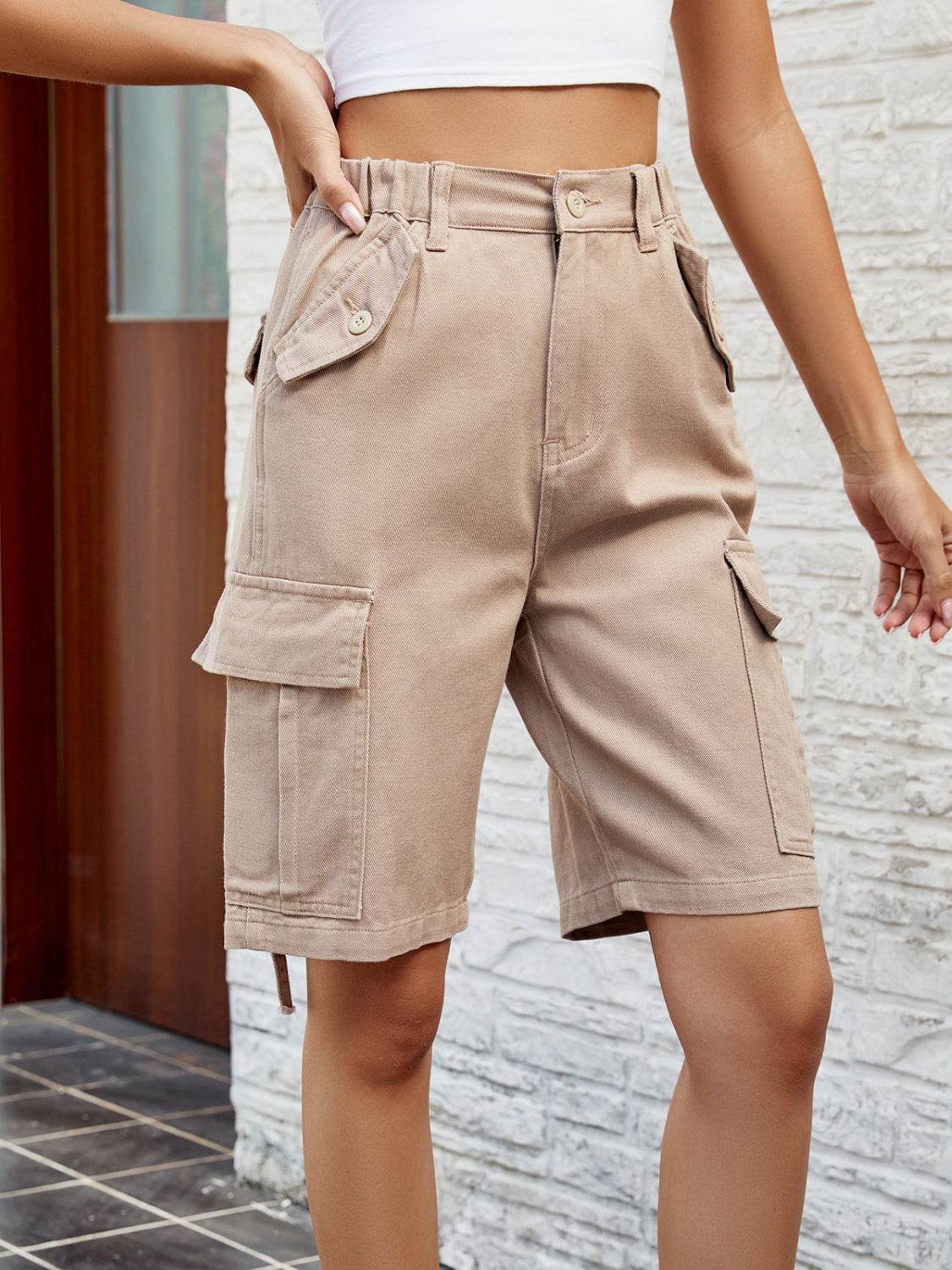High Waist Denim Shorts with Pockets - Delanoir
