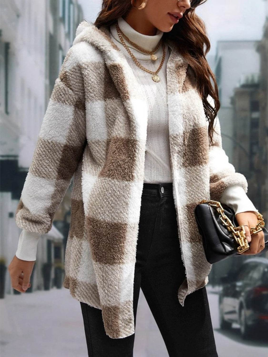 Plaid Long Sleeve Hooded Coat - Delanoir