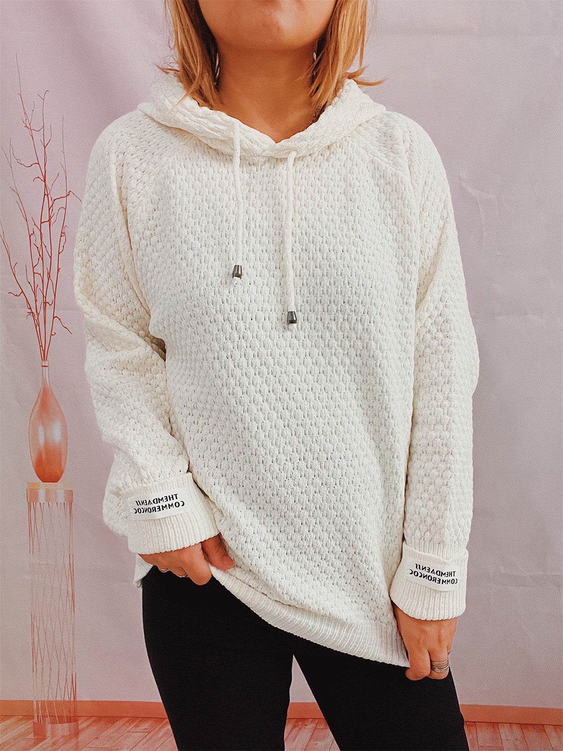 Drawstring Long Sleeve Hooded Sweater - Delanoir