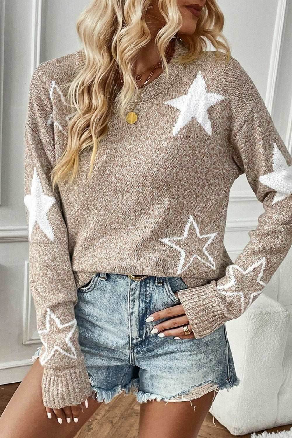 Star Round Neck Dropped Shoulder Sweater - Delanoir