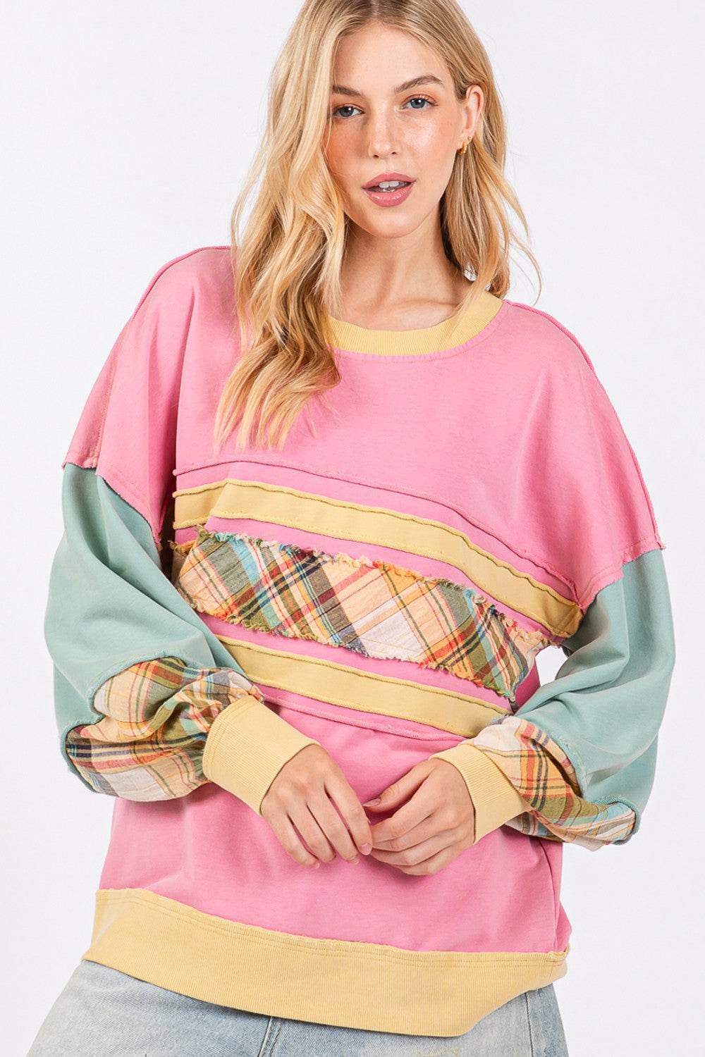 SAGE + FIG Mineral Wash Raw Edge Color Block Sweatshirt - Delanoir