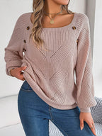Openwork Buttoned Square Neck Sweater - Delanoir