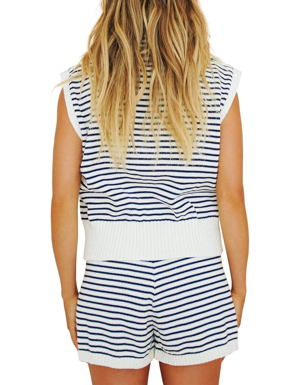 Striped Cap Sleeve Top and Shorts Sweater Set - Delanoir