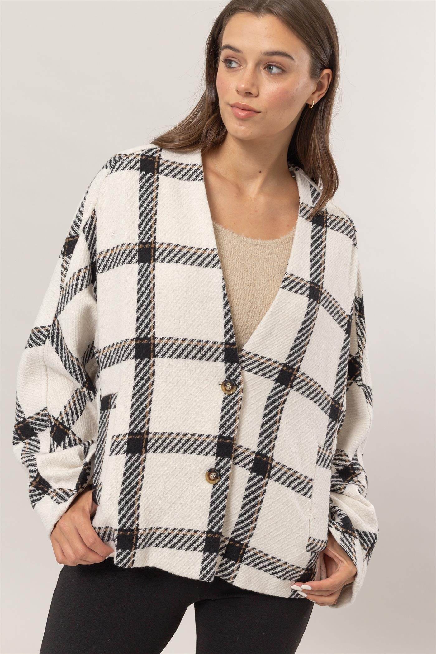 HYFVE Plaid Long Sleeve Jacket with Side Slit Pockets - Delanoir