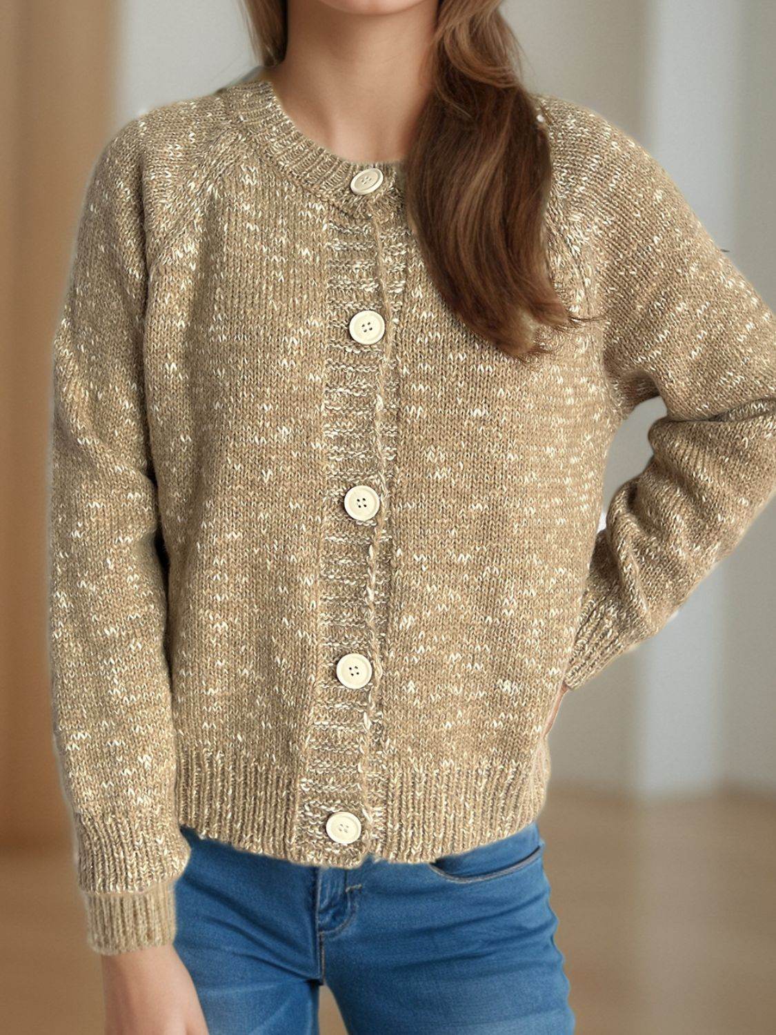 Heathered Button Down Long Sleeve Cardigan - Delanoir