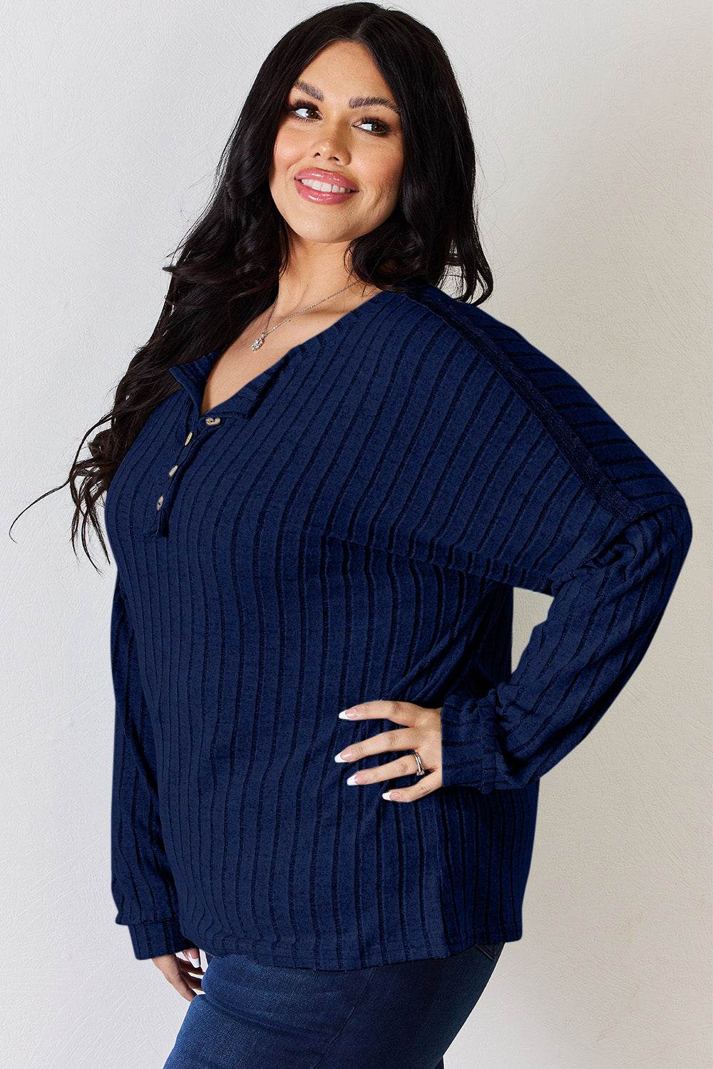 Basic Bae Full Size Ribbed Half Button Long Sleeve T-Shirt - Delanoir