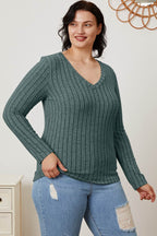 Basic Bae Full Size Ribbed V-Neck Long Sleeve T-Shirt - Delanoir