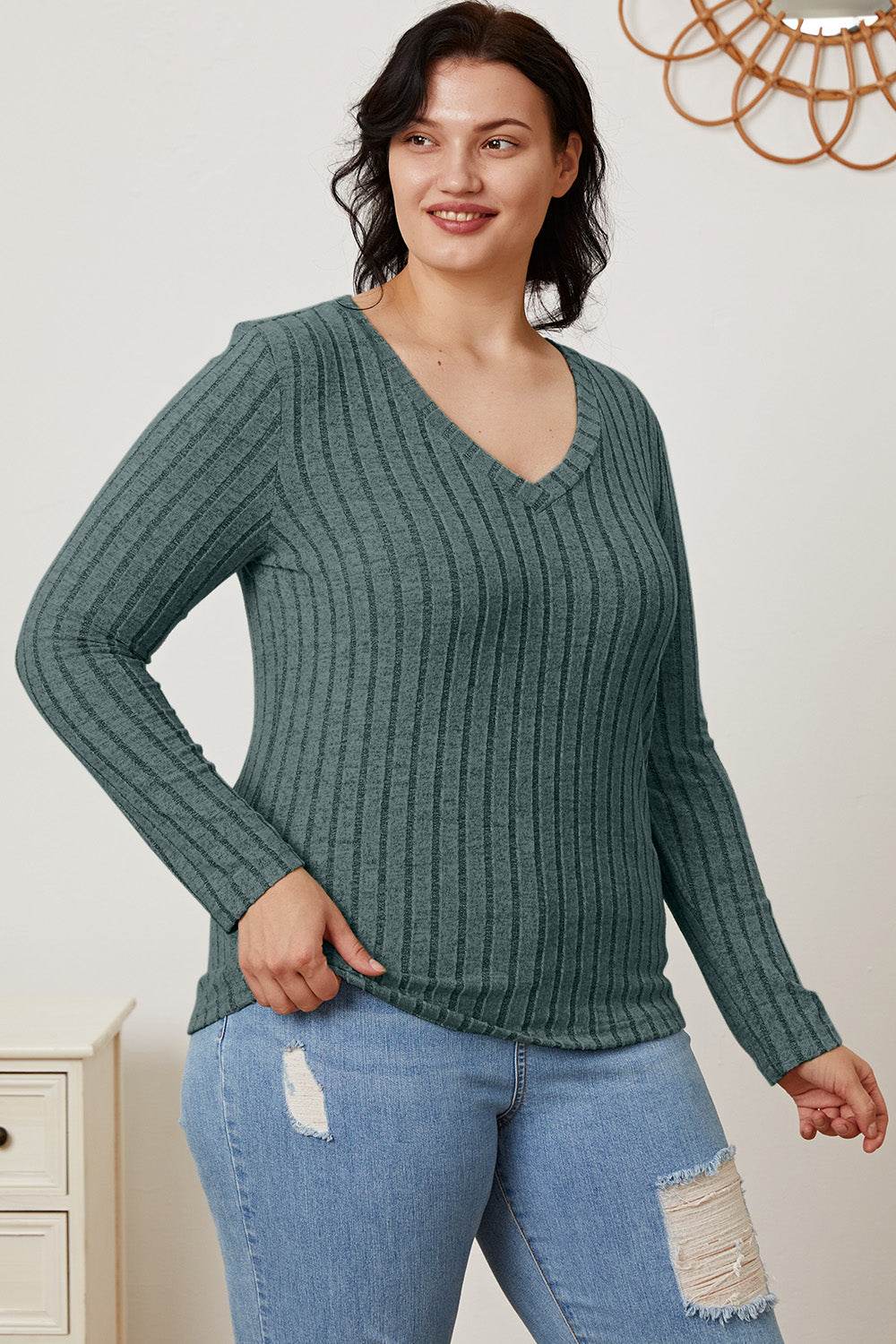 Basic Bae Full Size Ribbed V-Neck Long Sleeve T-Shirt - Delanoir
