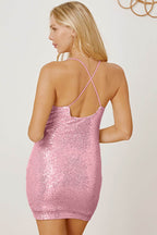 Sequin Spaghetti Strap Mini Wrap Dress - Delanoir