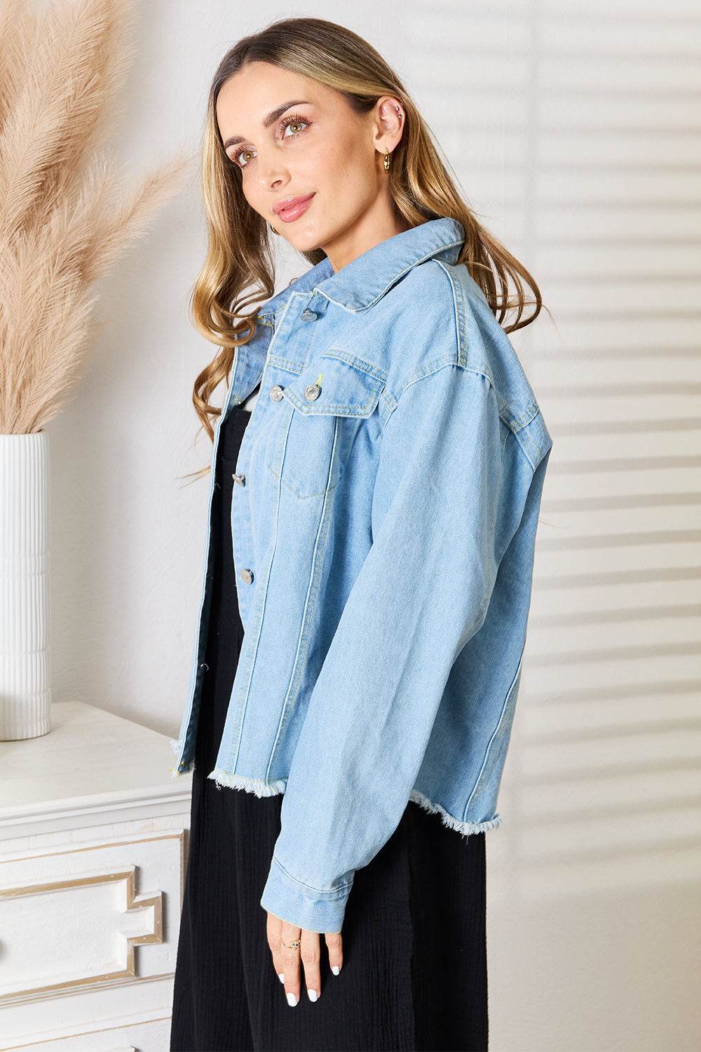 Double Take Dropped Shoulder Raw Hem Denim Jacket - Delanoir