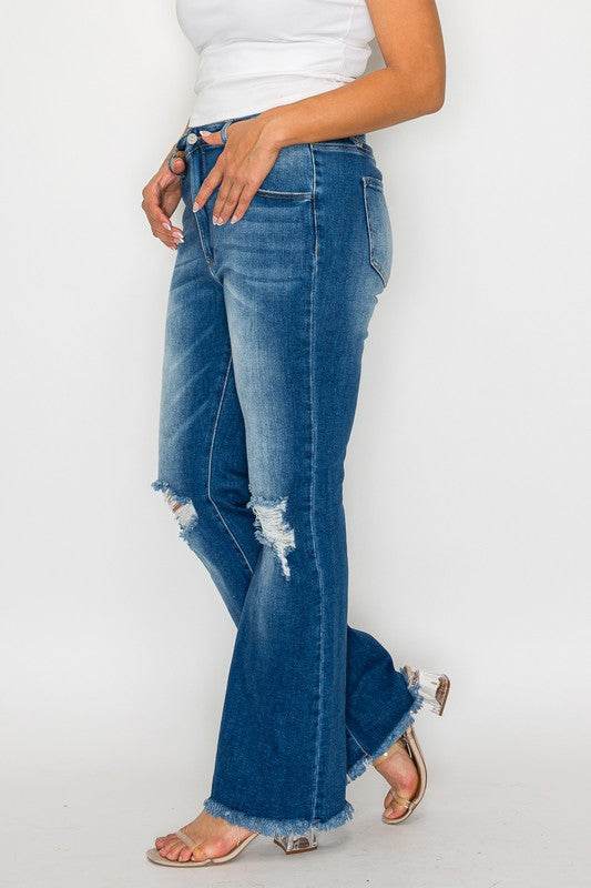 bytos Full Size Raw Hem Distressed High Rise Bootcut Jeans - Delanoir