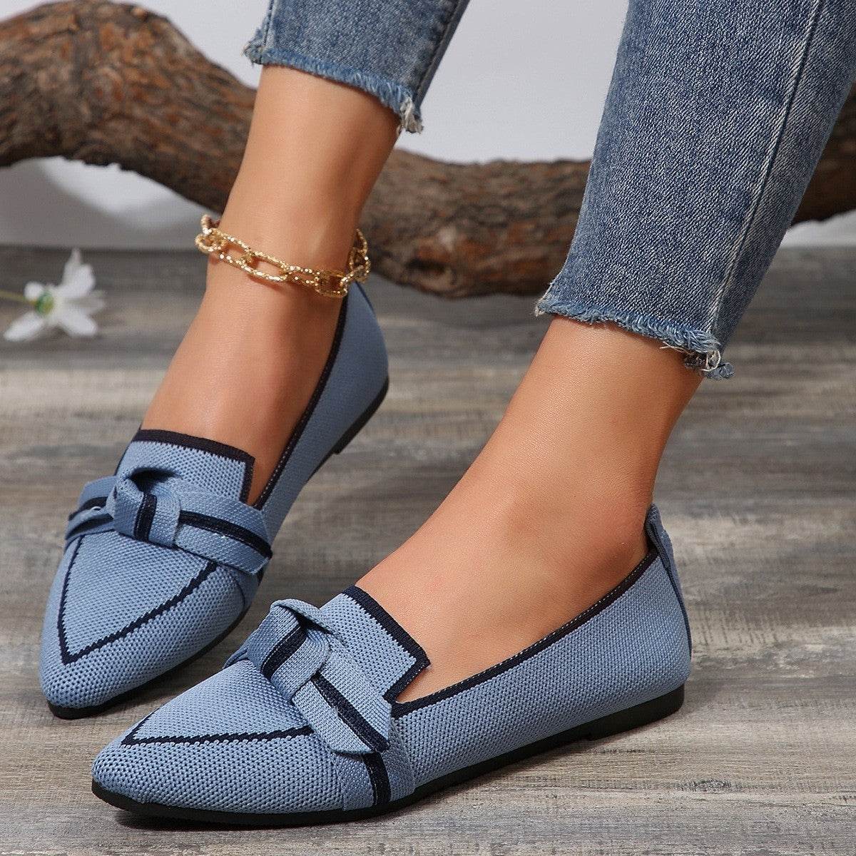 Bow Contrast Trim Point Toe Loafers - Delanoir