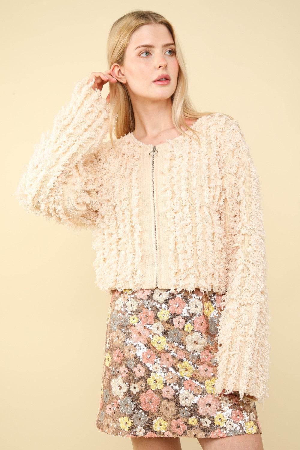 VERY J Shaggy Yarn Knit Zip Up Jacket - Delanoir