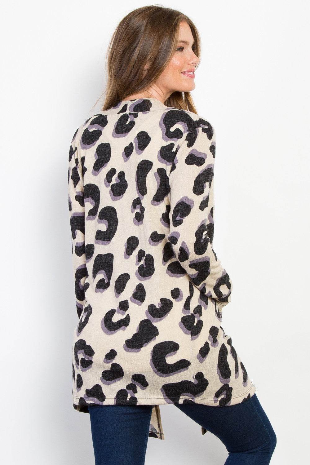 Be Stage Printed Open Front Knit Cardigan with Pockets - Delanoir