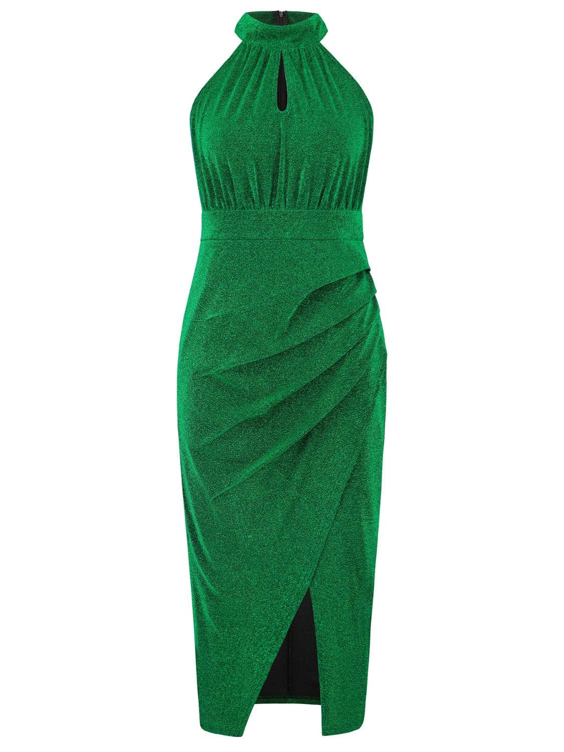 Slit Ruched Mock Neck Sleeveless Dress - Delanoir