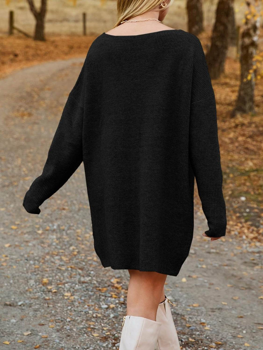 V-Neck Dropped Shoulder Sweater Dress - Delanoir