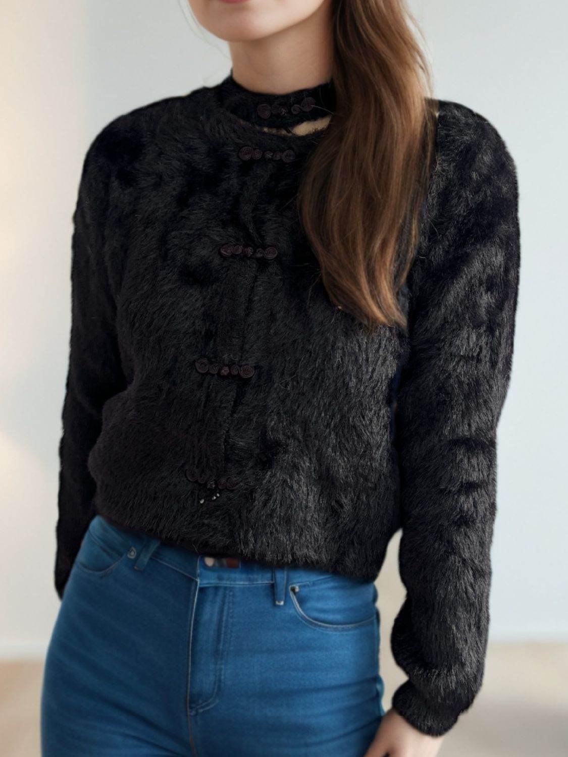 Cutout Knot Button Long Sleeve Cardigan - Delanoir
